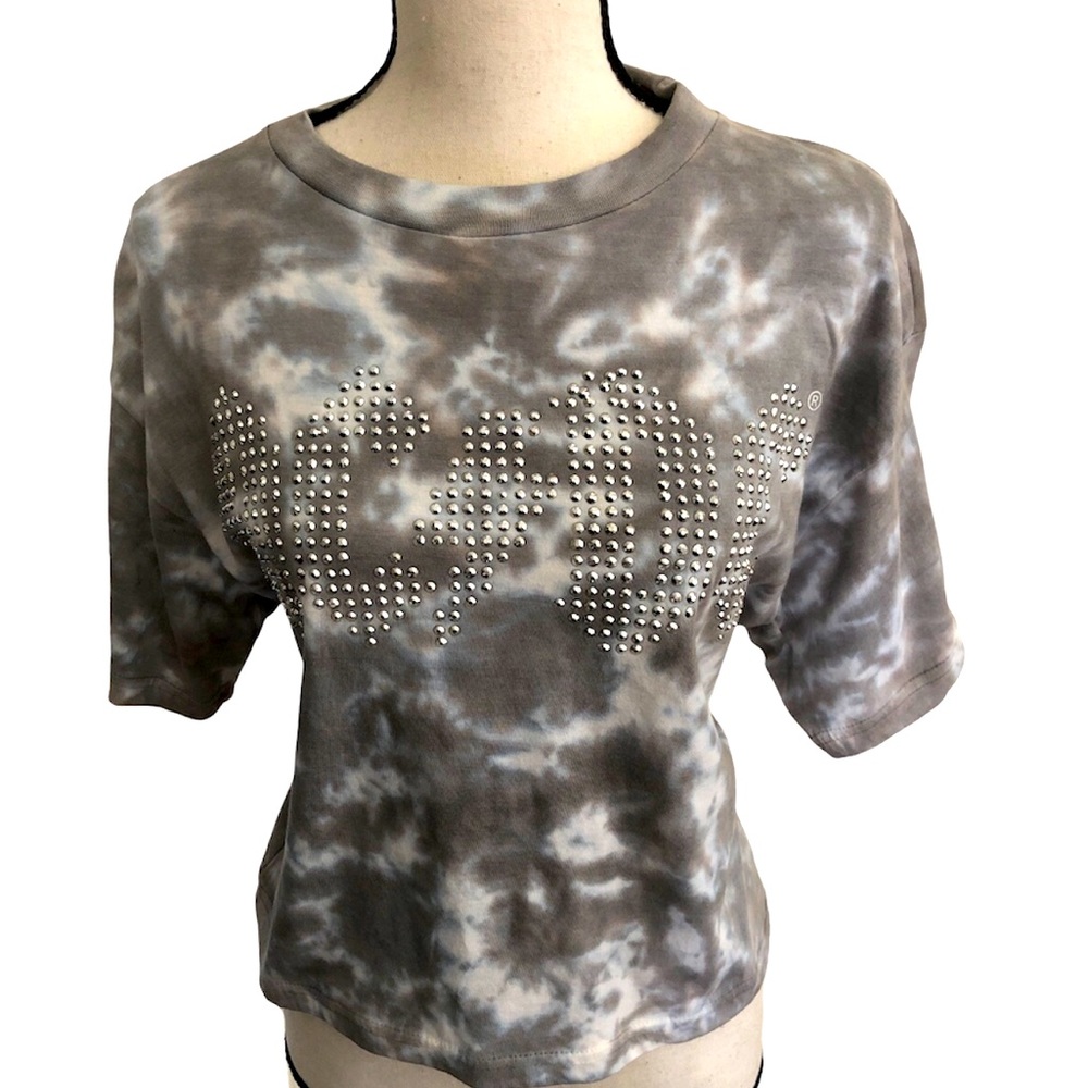 ACDC Gray White Tie Dye Tee Shirt Studs Crop Top